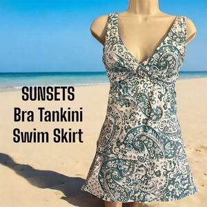 Sunsets Teal Paisley Tankini 2 Piece Set 32DD Small Bottom Skirt Lined Underwire